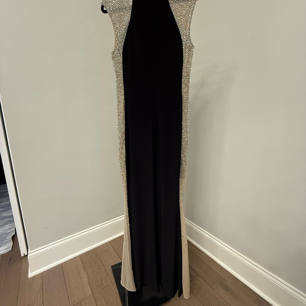 Xscape Black and White Halter Maxi Gown